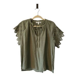 Chelsea Theodore Shirt‎ Womens Green Tunic Blouse Eyelet Sleeves Tie Up Boho